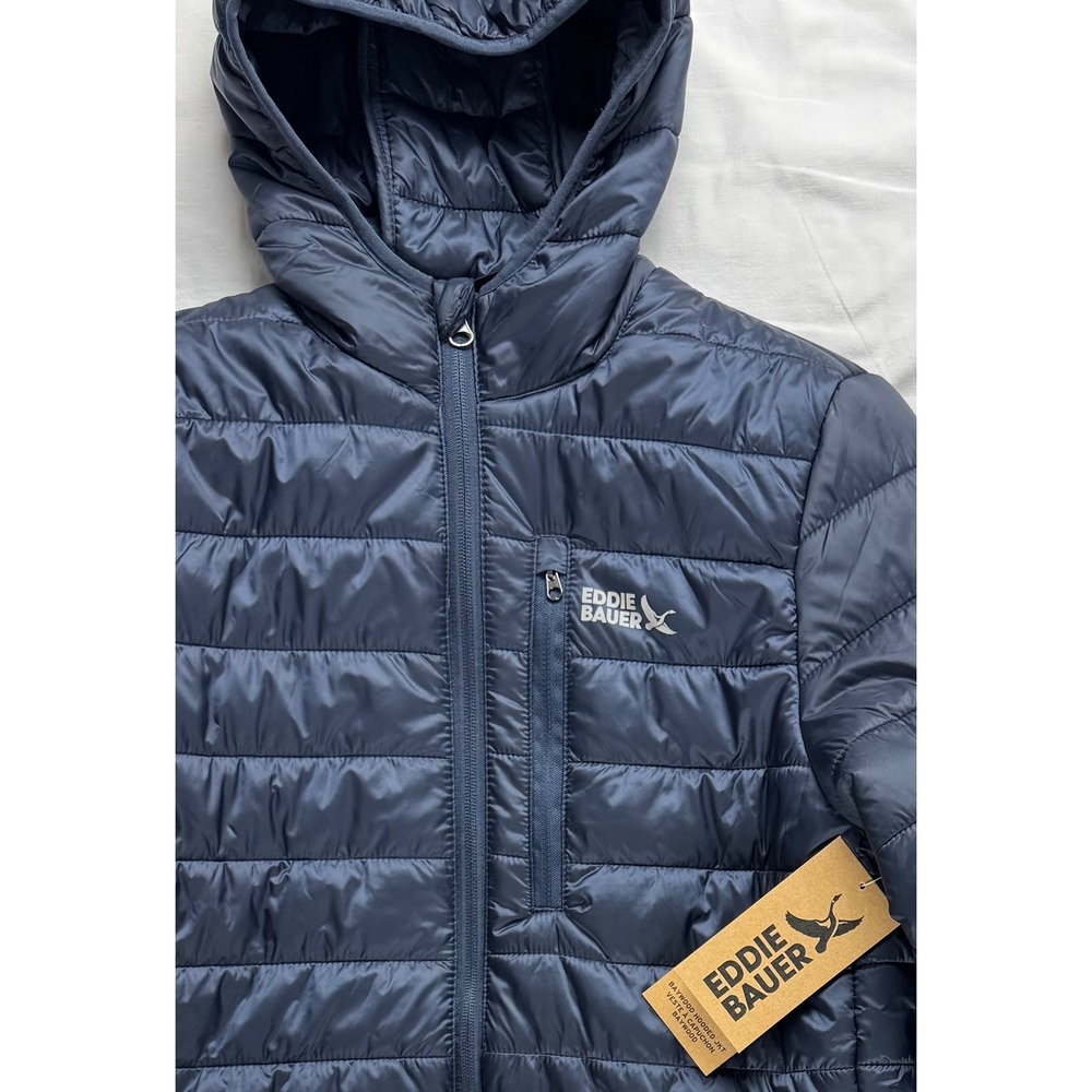 Eddie Bauer Baywood Hooded Jacket Mens Medium Blue Puffer hiking outdoor NWT - Picture 2 of 16